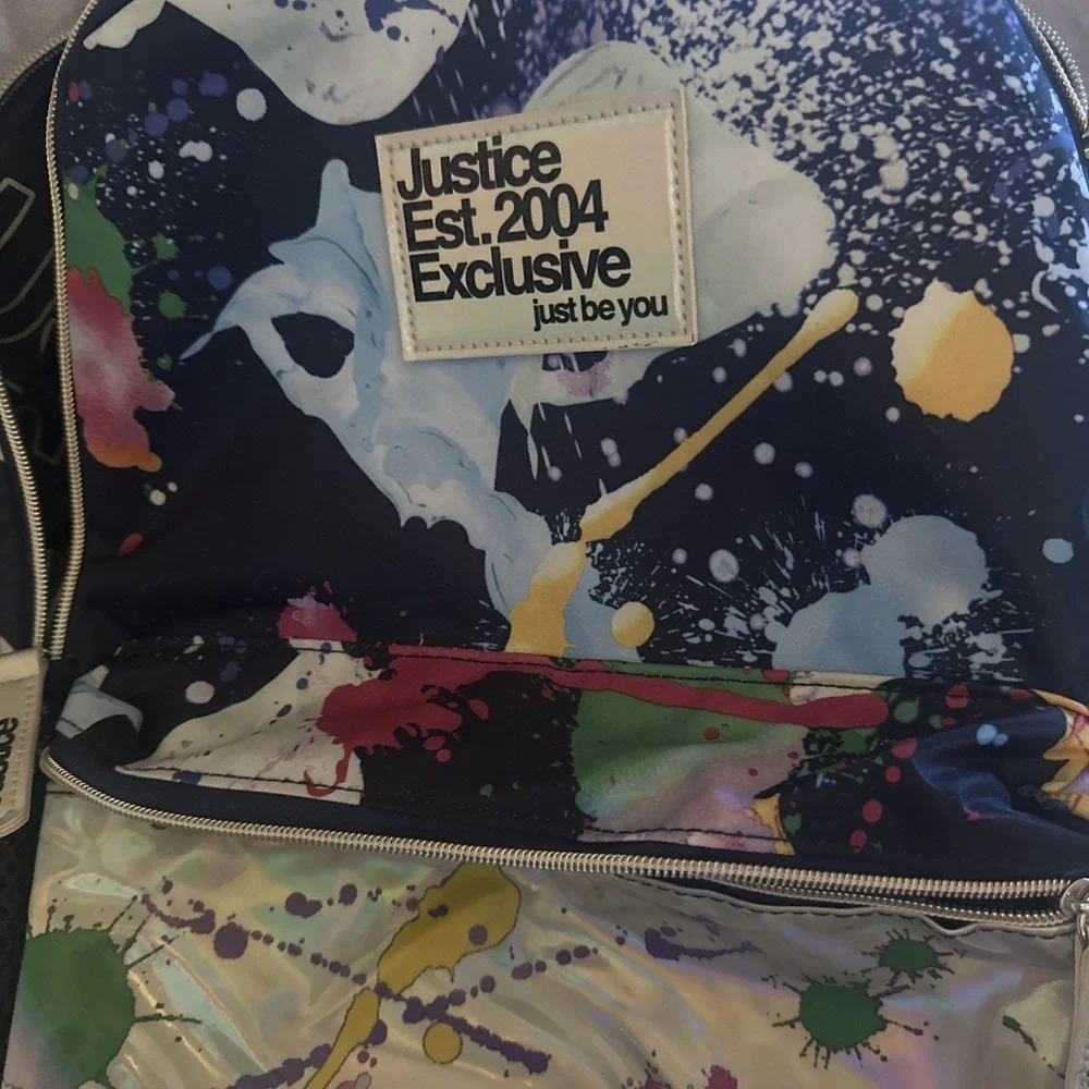 Justice 2004 Exclusive Backpack Paint Splatter  Iridescent Front Pocket 17